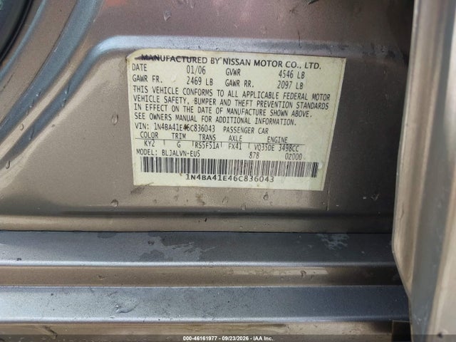 46161977 :رقم المزاد ، 1N4BA41E46C836043 vin ، 2006 Nissan Maxima 3.5 Se مزاد بيع