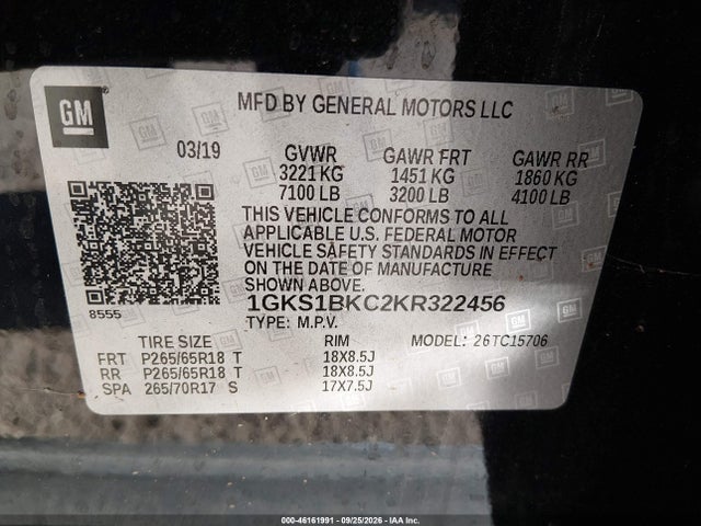 2019 Gmc Yukon Slt მანქანა იყიდება აუქციონზე, vin: 1GKS1BKC2KR322456, აუქციონის ნომერი: 46161991