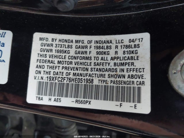 2017 Honda Civic Ex მანქანა იყიდება აუქციონზე, vin: 19XFC2F76HE051958, აუქციონის ნომერი: 46162023