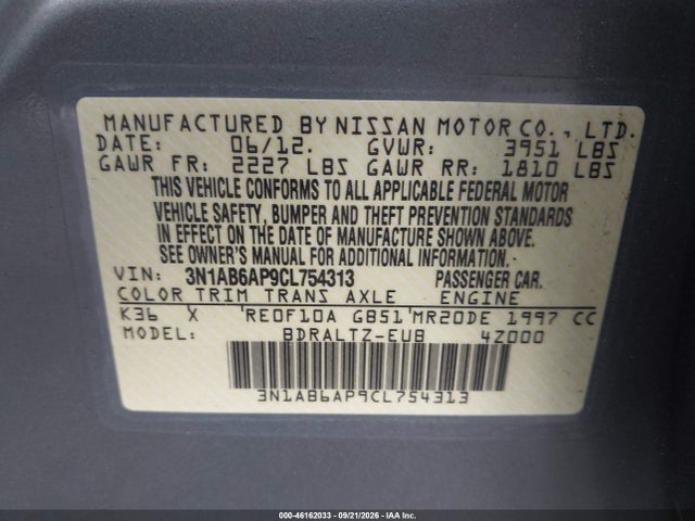 46162033 :رقم المزاد ، 3N1AB6AP9CL754313 vin ، 2012 Nissan Sentra 2.0 S مزاد بيع