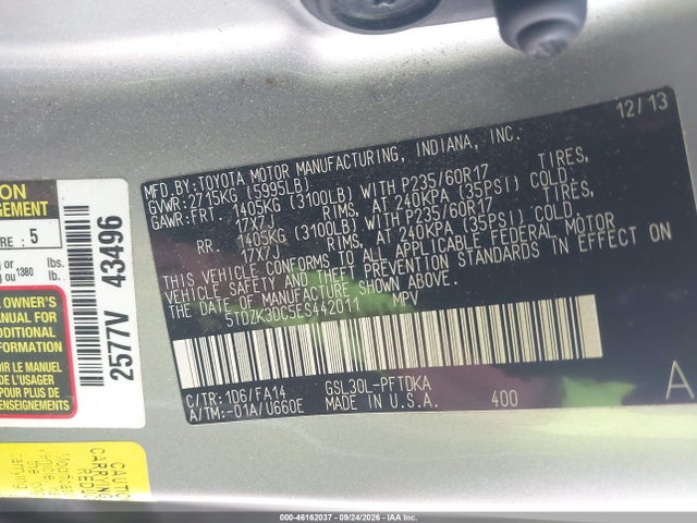 Aukcja sprzedaży 2014 Toyota Sienna L V6 7 Passenger, vin: 5TDZK3DC5ES442011, numer aukcji: 46162037