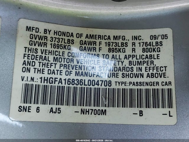 46162042 :رقم المزاد ، 1HGFA16836L004708 vin ، 2006 Honda Civic Ex مزاد بيع