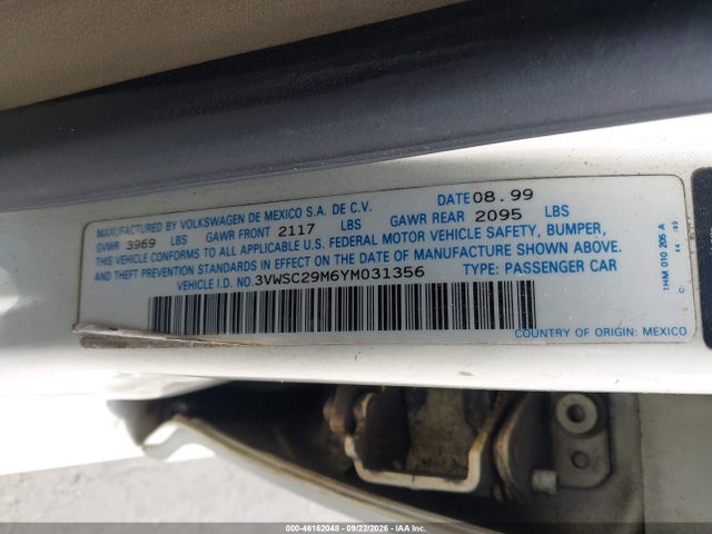 2000 Volkswagen Jetta Gls მანქანა იყიდება აუქციონზე, vin: 3VWSC29M6YM031356, აუქციონის ნომერი: 46162048