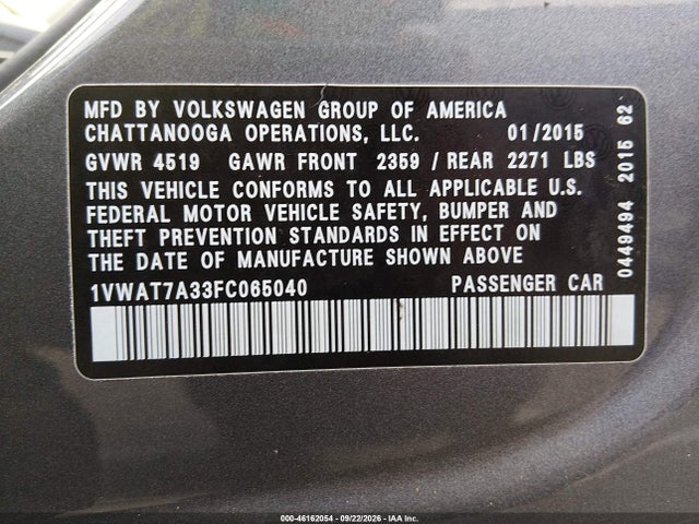 2015 Volkswagen Passat 1.8t Limited Edition მანქანა იყიდება აუქციონზე, vin: 1VWAT7A33FC065040, აუქციონის ნომერი: 46162054