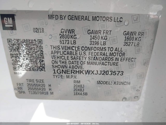 Продаж на аукціоні авто 2018 Chevrolet Traverse 3lt, vin: 1GNERHKWXJJ203573, номер лоту: 46162057