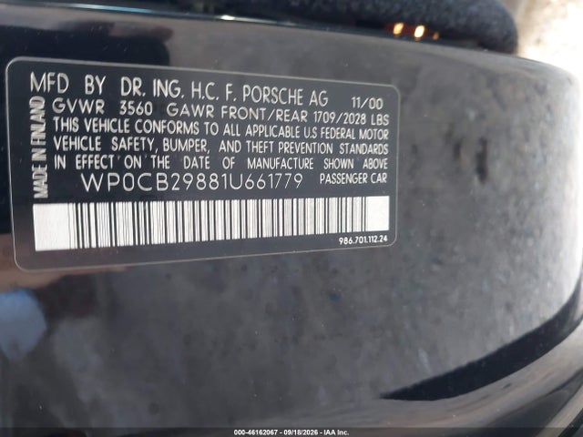 2001 Porsche Boxster S მანქანა იყიდება აუქციონზე, vin: WP0CB29881U661779, აუქციონის ნომერი: 46162067