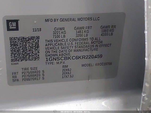 Aukcja sprzedaży 2019 Chevrolet Tahoe Lt, vin: 1GNSCBKC6KR220459, numer aukcji: 46162110