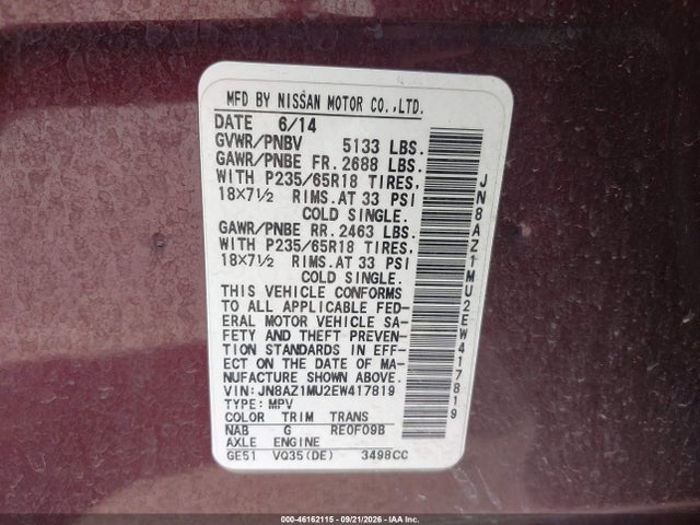 Nissan MURANO SL 2014 JN8AZ1MU2EW417819 Image 9