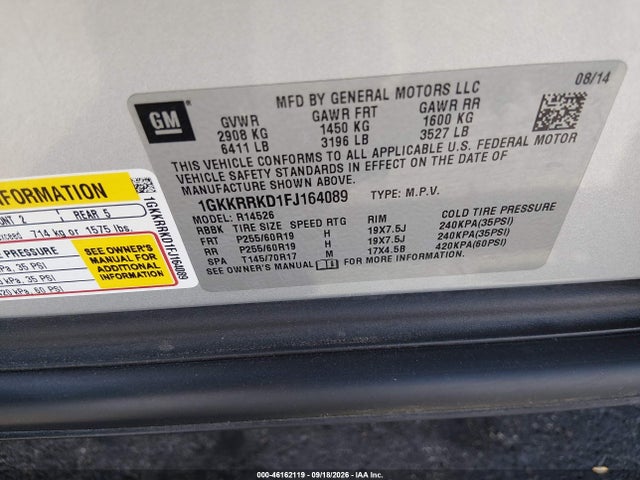 Продаж на аукціоні авто 2015 Gmc Acadia Slt-1, vin: 1GKKRRKD1FJ164089, номер лоту: 46162119
