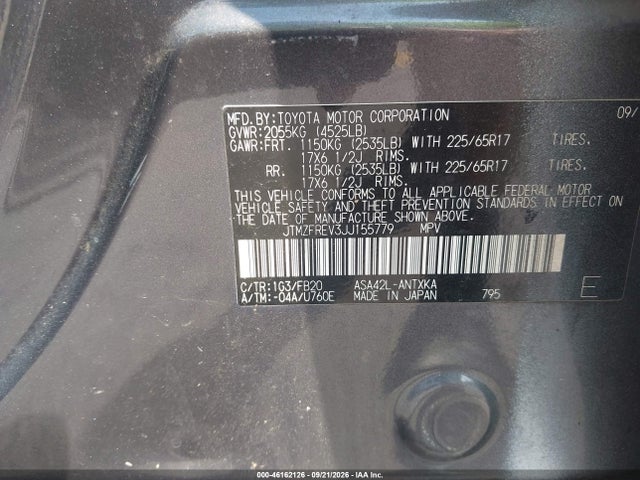 46162126 :رقم المزاد ، JTMZFREV3JJ155779 vin ، 2018 Toyota Rav4 Le مزاد بيع