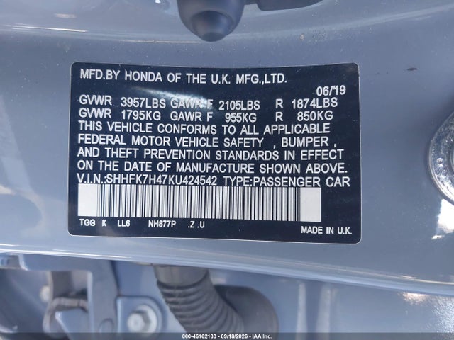 SHHFK7H47KU424542 Honda Civic Sport
