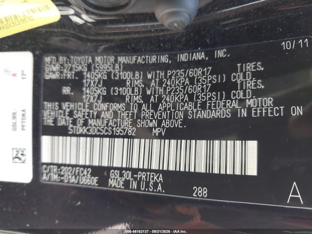 2012 Toyota Sienna Le V6 8 Passenger მანქანა იყიდება აუქციონზე, vin: 5TDKK3DC5CS195782, აუქციონის ნომერი: 46162137