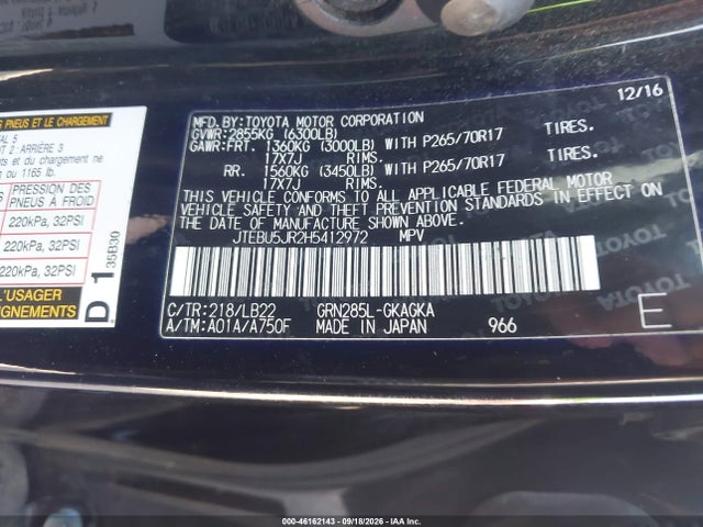 Aukcja sprzedaży 2017 Toyota 4runner Sr5 Premium, vin: JTEBU5JR2H5412972, numer aukcji: 46162143