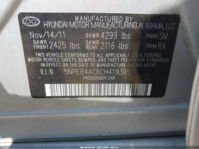 46162145 :رقم المزاد ، 5NPEB4AC6CH419395 vin ، 2012 Hyundai Sonata Gls مزاد بيع