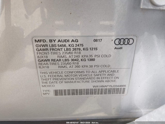 WA1ANAFY5J2044665 Audi Q5 2.0t Premium/2.0t Tech Premium