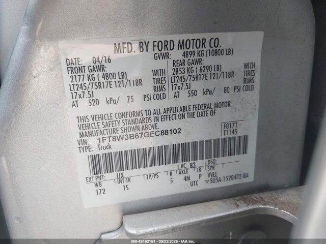 46162151 :رقم المزاد ، 1FT8W3B67GEC88102 vin ، 2016 Ford F-350 Xl مزاد بيع