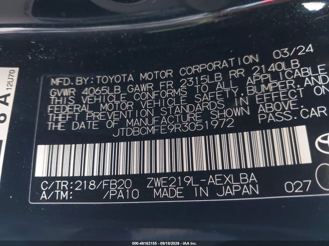 Продаж на аукціоні авто 2024 Toyota Corolla Hybrid Le, vin: JTDBCMFE9R3051972, номер лоту: 46162155