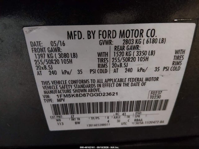 Продаж на аукціоні авто 2016 Ford Explorer Xlt, vin: 1FM5K8D87GGD23621, номер лоту: 46162161