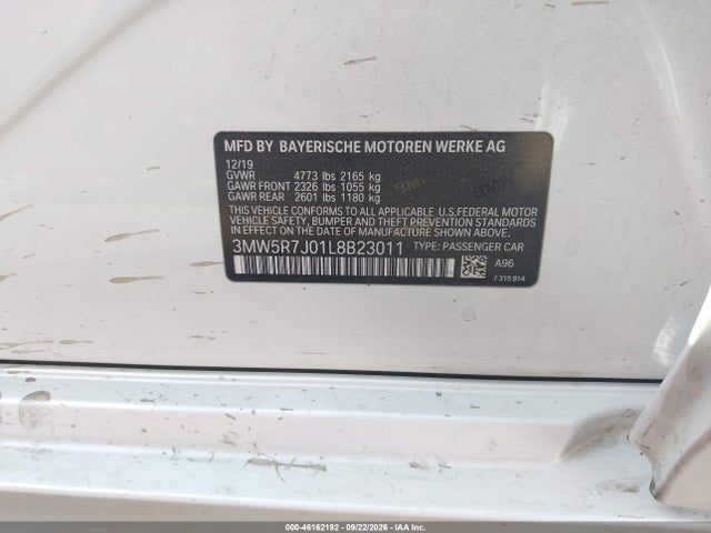 46162192 :رقم المزاد ، 3MW5R7J01L8B23011 vin ، 2020 Bmw 330i Xdrive مزاد بيع