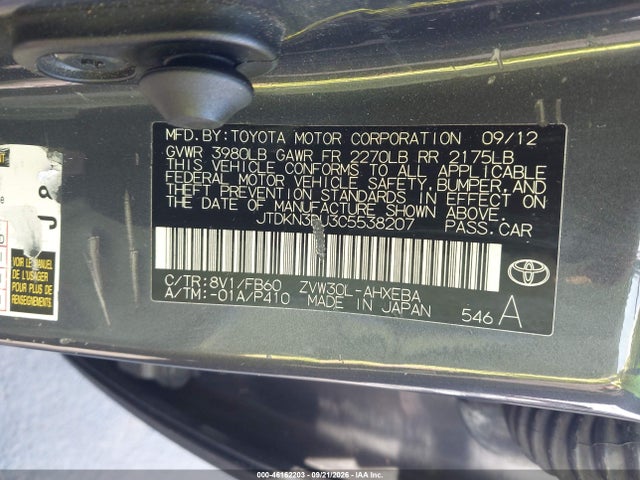 46162203 :رقم المزاد ، JTDKN3DU3C5538207 vin ، 2012 Toyota Prius Two مزاد بيع