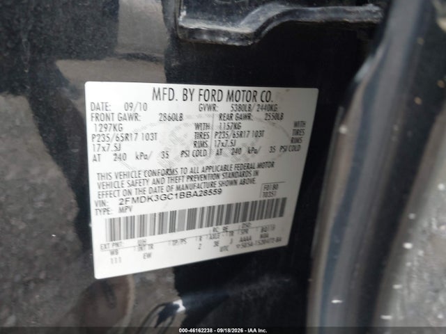 46162238 :رقم المزاد ، 2FMDK3GC1BBA28559 vin ، 2011 Ford Edge Se مزاد بيع