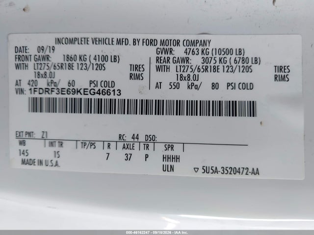 46162247 :رقم المزاد ، 1FDRF3E69KEG46613 vin ، 2019 Ford F-350 Chassis Xl مزاد بيع