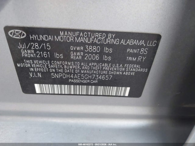 Продаж на аукціоні авто 2016 Hyundai Elantra Value Edition, vin: 5NPDH4AE5GH734657, номер лоту: 46162272