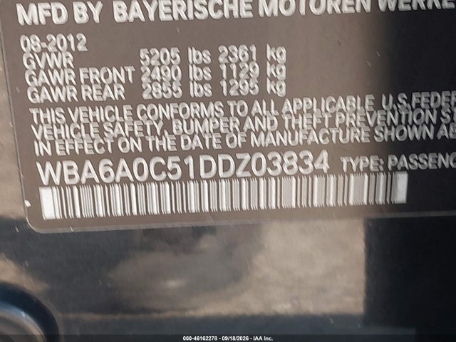 46162278 :رقم المزاد ، WBA6A0C51DDZ03834 vin ، 2013 Bmw 640i Gran Coupe مزاد بيع