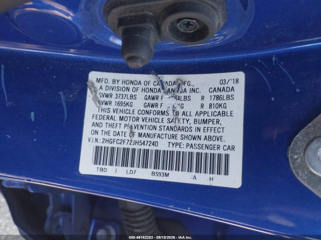 Продаж на аукціоні авто 2018 Honda Civic Ex, vin: 2HGFC2F72JH547240, номер лоту: 46162283