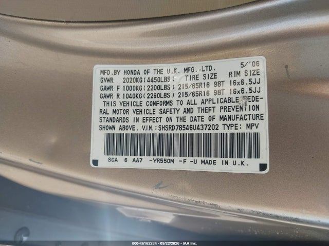 46162284 :رقم المزاد ، SHSRD78546U437202 vin ، 2006 Honda Cr-v Lx مزاد بيع
