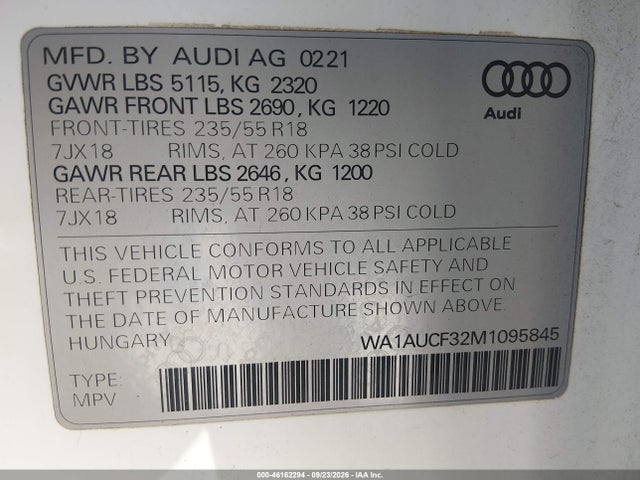 2021 Audi Q3 Premium 40 Tfsi Quattro Tiptronic მანქანა იყიდება აუქციონზე, vin: WA1AUCF32M1095845, აუქციონის ნომერი: 46162294
