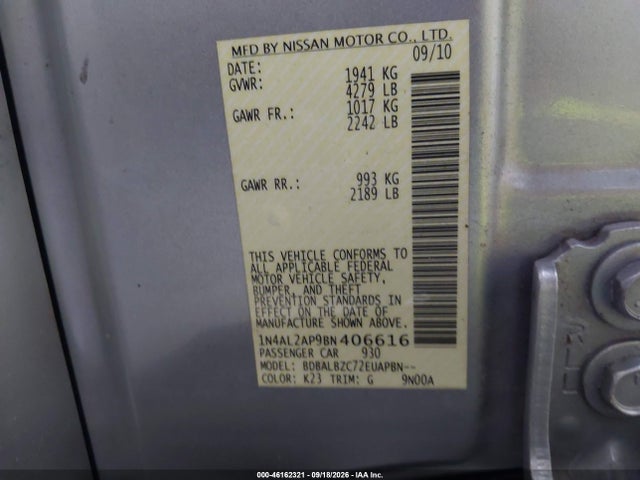 Aukcja sprzedaży 2011 Nissan Altima 2.5 S, vin: 1N4AL2AP9BN406616, numer aukcji: 46162321