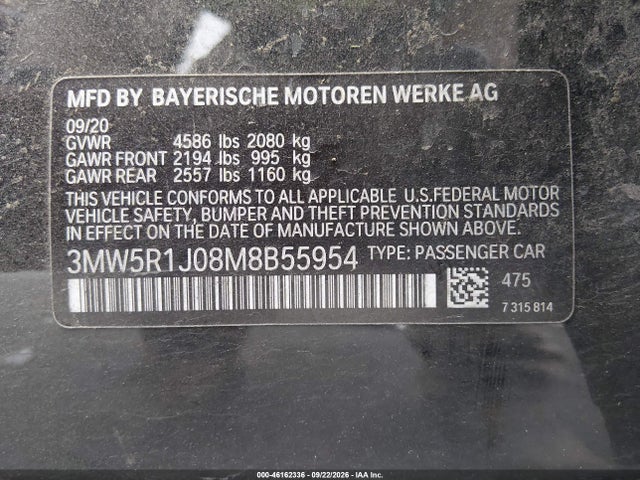 Aukcja sprzedaży 2021 Bmw 3 Series 330i, vin: 3MW5R1J08M8B55954, numer aukcji: 46162336