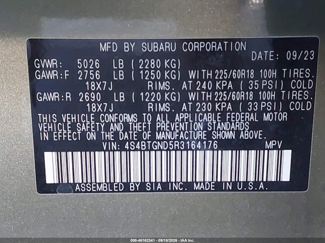 46162341 :رقم المزاد ، 4S4BTGND5R3164176 vin ، 2024 Subaru Outback Limited Xt مزاد بيع