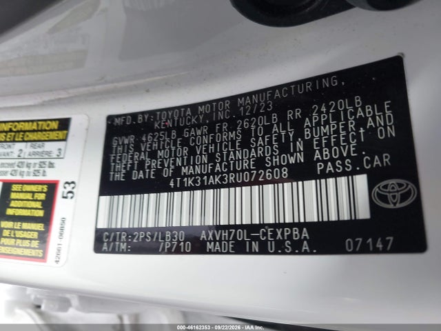 4T1K31AK3RU072608 Toyota Camry Hybrid Xse