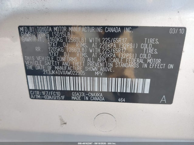 2010 Toyota Rav4 მანქანა იყიდება აუქციონზე, vin: 2T3JK4DVXAW022905, აუქციონის ნომერი: 46162367
