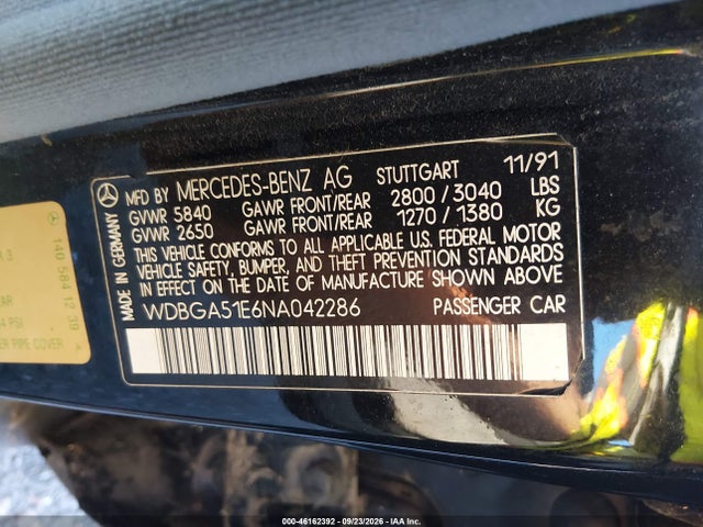 Aukcja sprzedaży 1992 Mercedes-benz 500 Sel, vin: WDBGA51E6NA042286, numer aukcji: 46162392