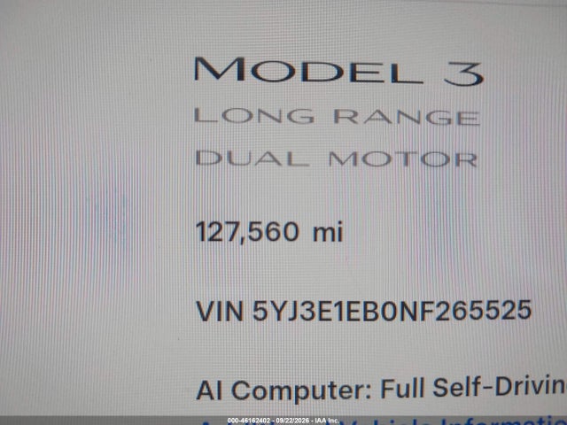 46162402 :رقم المزاد ، 5YJ3E1EB0NF265525 vin ، 2022 Tesla Model 3 Long Range مزاد بيع
