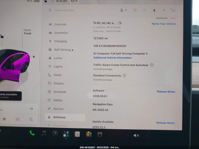 46162402 :رقم المزاد ، 5YJ3E1EB0NF265525 vin ، 2022 Tesla Model 3 Long Range مزاد بيع