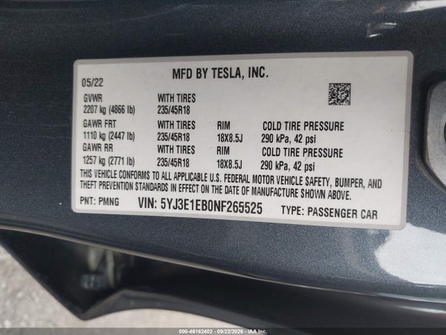 46162402 :رقم المزاد ، 5YJ3E1EB0NF265525 vin ، 2022 Tesla Model 3 Long Range مزاد بيع