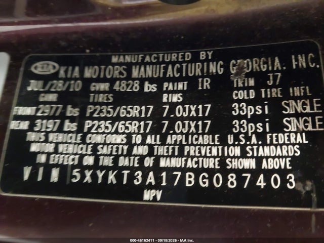 Aukcja sprzedaży 2011 Kia Sorento Lx, vin: 5XYKT3A17BG087403, numer aukcji: 46162411