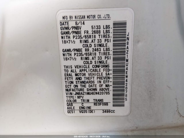 Продаж на аукціоні авто 2014 Nissan Murano Sv, vin: JN8AZ1MU4EW420785, номер лоту: 46162426