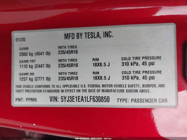 Продаж на аукціоні авто 2020 Tesla Model 3 Standard Range Plus Rear-wheel Drive/standard Range Rear-wheel Drive, vin: 5YJ3E1EA1LF630850, номер лоту: 46162433