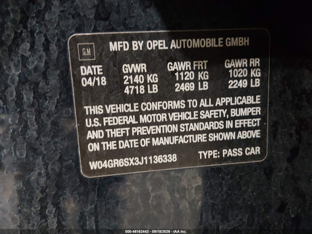 2018 Buick Regal Sportback Essence მანქანა იყიდება აუქციონზე, vin: W04GR6SX3J1136338, აუქციონის ნომერი: 46162443