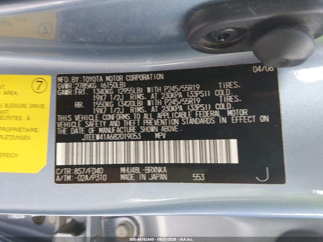 46162445 :رقم المزاد ، JTEEW41A682019053 vin ، 2008 Toyota Highlander Hybrid مزاد بيع