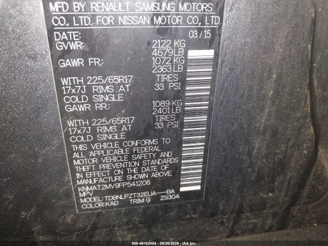 46162454 :رقم المزاد ، KNMAT2MV9FP541206 vin ، 2015 Nissan Rogue S مزاد بيع