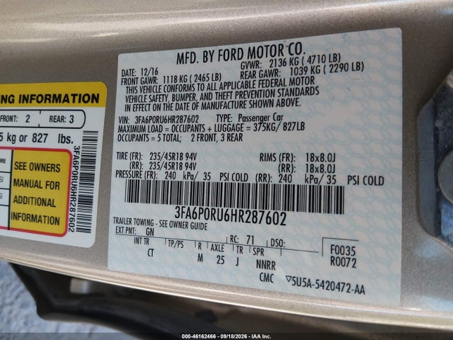 2017 Ford Fusion Hybrid Titanium მანქანა იყიდება აუქციონზე, vin: 3FA6P0RU6HR287602, აუქციონის ნომერი: 46162466