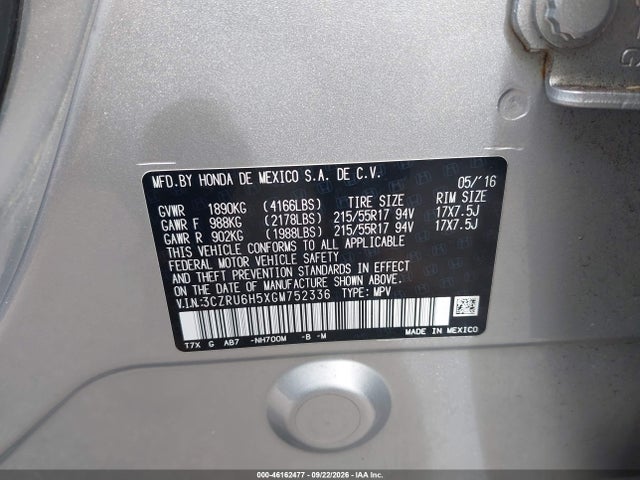 Aukcja sprzedaży 2016 Honda Hr-v Ex, vin: 3CZRU6H5XGM752336, numer aukcji: 46162477