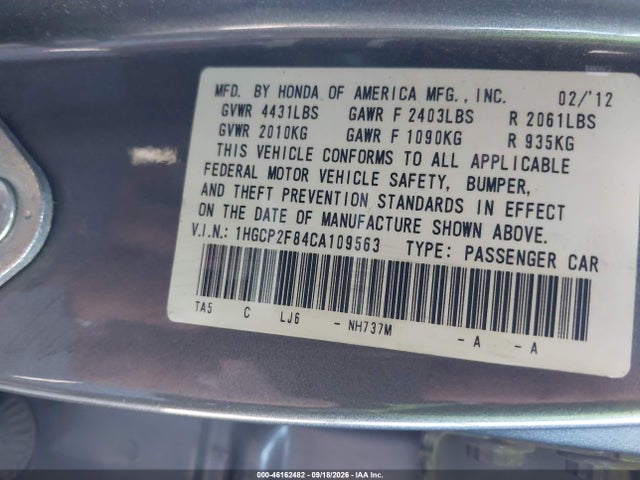 Продаж на аукціоні авто 2012 Honda Accord 2.4 Ex-l, vin: 1HGCP2F84CA109563, номер лоту: 46162482