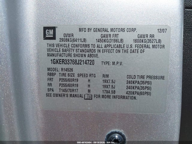 46162484 :رقم المزاد ، 1GKER33768J214720 vin ، 2008 Gmc Acadia Slt-2 مزاد بيع
